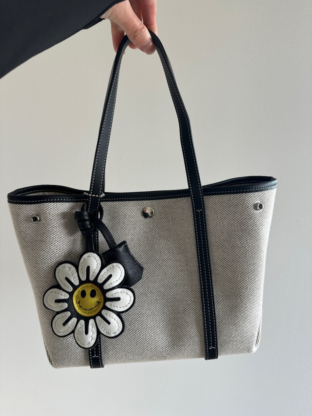 Canvas Tote Bag (and crossbody) with Smiley Daisy Charm - Black & White